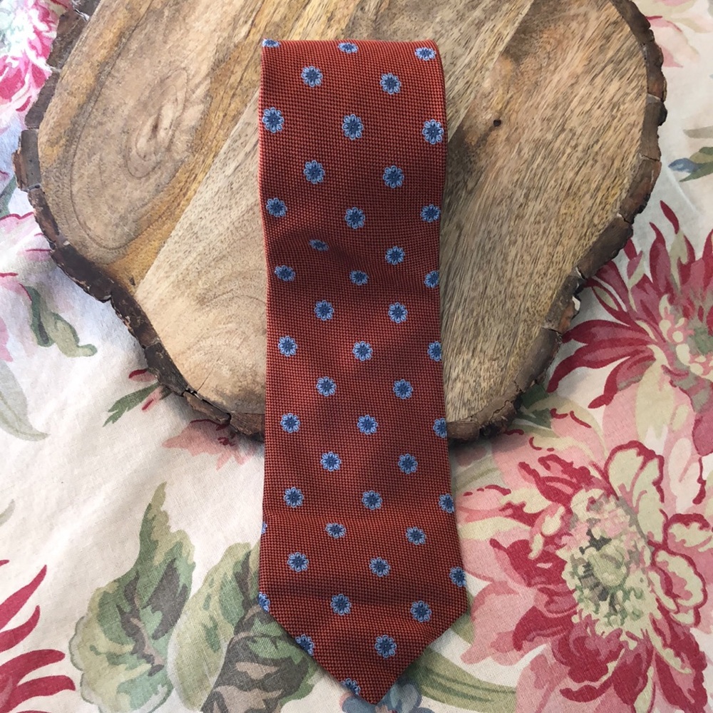 BROOKS BROTHERS 346 Career Tie Classic 100% Silk Blue Daisy Floral Deep Orange